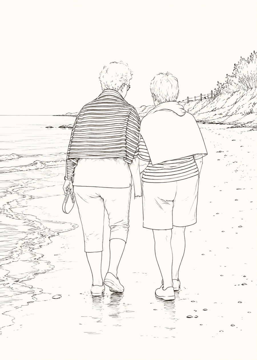 Jacqueline et Andrée, deux grands-mères, marchant au bord de la Manche