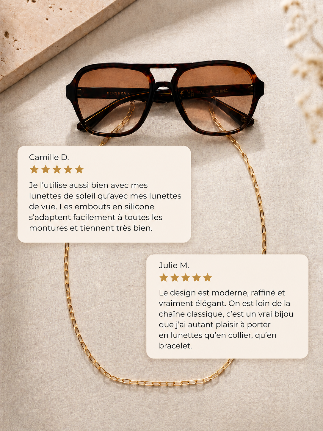 Florence, maillons dorés posés en cercle sous des lunettes de soleil écaille, JACQUAND