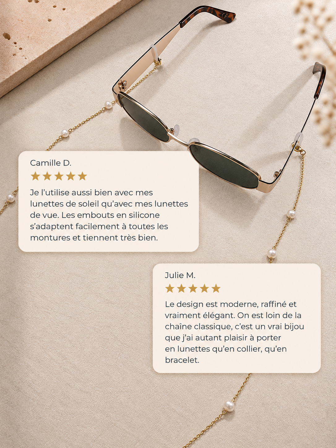 Oyat, perles d'eau douce accrochées à des lunettes de soleil dorées, JACQUAND