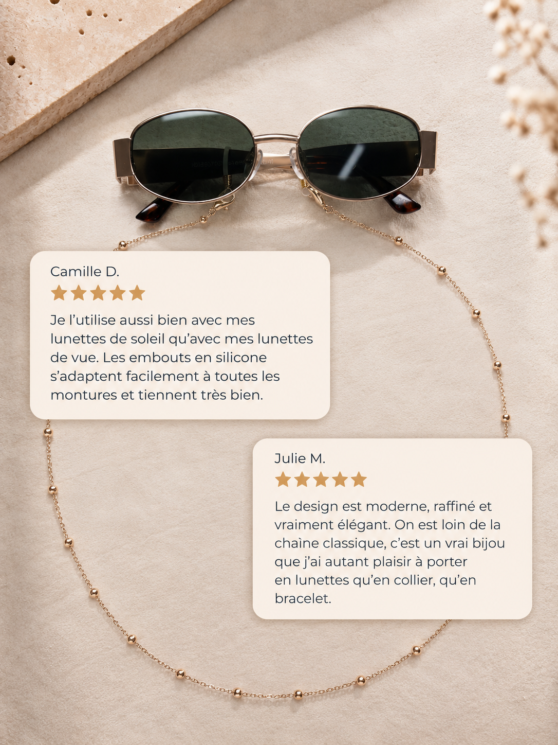 Madeleine posée en cercle sous des lunettes de soleil dorées, JACQUAND
